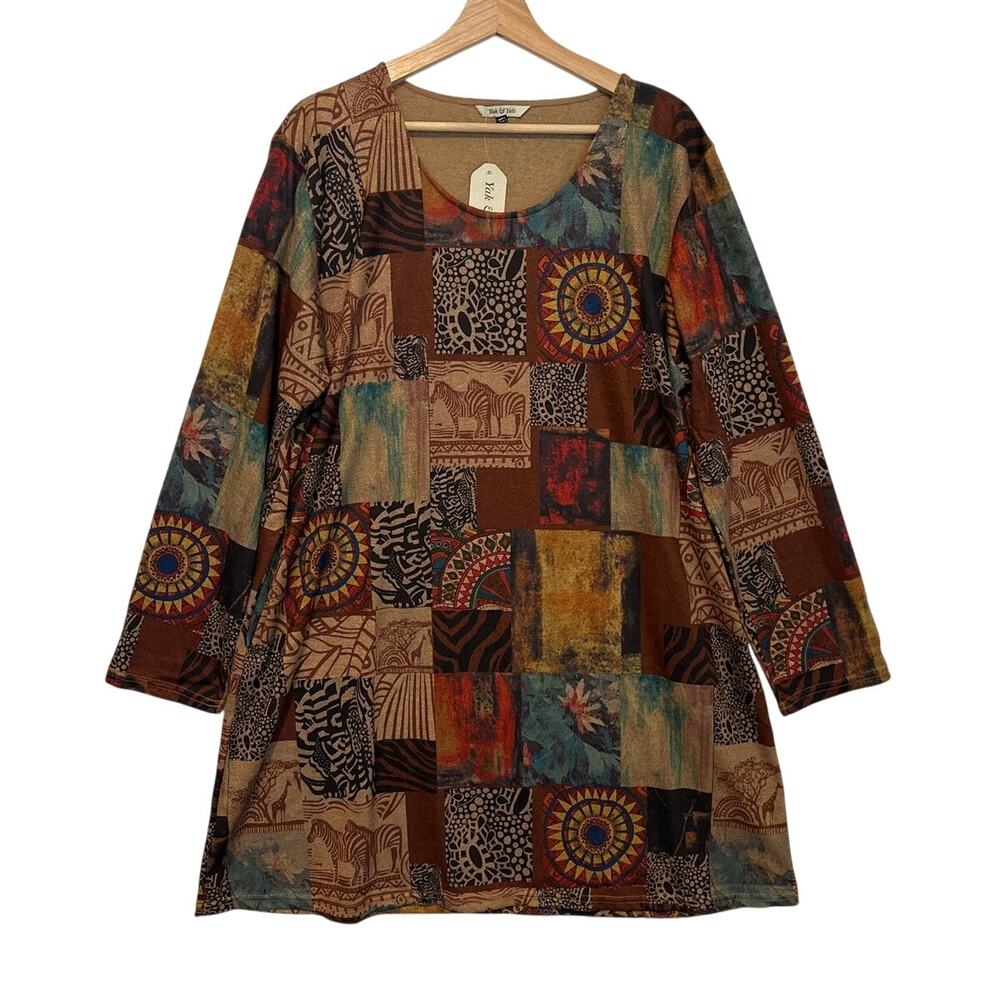 Yak & Yeti Patchwork Tunic Top Sz XL Boho Earthy Art-To-Wear Long Sleeves Brown